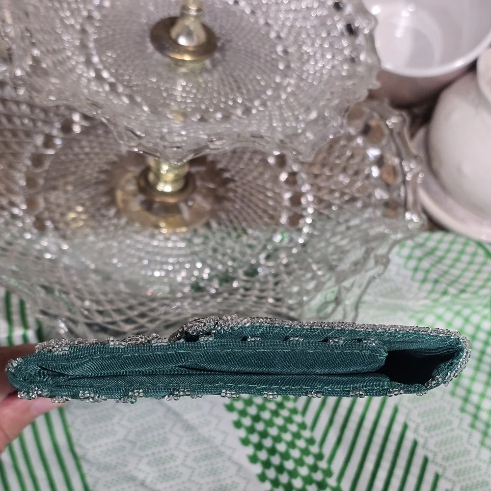 Vintage 60s Handmade Teal Hong Kong Floral Beaded Clutch Purse